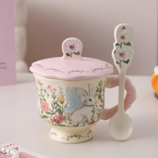 민민 북유럽 빈티지 꽃무늬 커피잔 사무실 플라워 머그컵 세트, 3번 토끼 380ml, 1세트