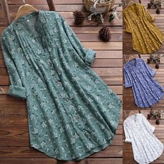 여성 잔꽃 슬림 긴팔 롱셔츠 루즈핏 봄 여름 면 얇은 블라우스 데일리룩 빅사이즈 남방 아우터