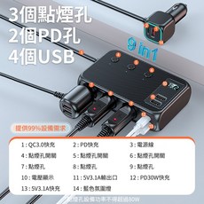 旺科 9合1 車用擴充座，3點菸孔 2PD孔 4USB孔，支援QC3.0 PD30W快充，附電壓顯示與獨立開關, 1個, 九孔車充