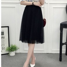 Choyur여성 봄여름 망사 주름 미디 스커트 우아한 무버튼 A라인 스커트