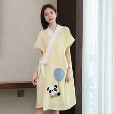 新款純棉浴裙睡袍 薄款紗布浴袍 吸水速乾 甜美晨袍 夏季睡衣女, 黃色熊貓 齣水芙蓉 純棉速幹,小童女孩建議110-130釐米