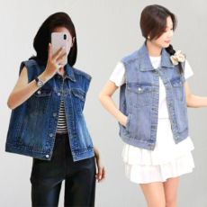 와이와이(YY) 클래식 카라넥 데님 조끼 봄 여름 가을 청조끼