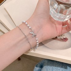 일호장신구 리본 진주 듀오 체인 팔찌 써지컬스틸 실버팔찌 여성 러블리 레이어드 데일리룩