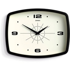 JONES CLOCKS 영화 벽시계 직사각형 레트로 시계 10인치 블랙 주방 거실 또는 사무실에 어울리는 멋진 미드센추리 디자이너 룩 202974, Black