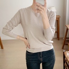 허블리 여성 부드러운 베이직 라운드넥 긴팔 니트티