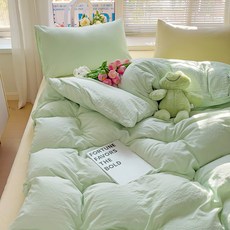 1급 믹스매치 단색 워시드 면 4종 세트 초부드러운 구름 면 기숙사 3종 세트 4종 세트, 카테고리 A - 믹스 앤 매치 - 조류 녹색 노란색, 0.9m 침대 시트 3종 세트(이불커버 1.5x2m)