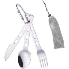 3개 세트 캠핑 식기 식기류 캠핑용 스테인리스 스틸 여행용 휴대용 칼 포크 숟가락 포함 재사용 가능 보관 가방이 포함된 야외용, 3개 세트 캠핑 식기 식기류 캠핑용 스테인리스 스틸 여