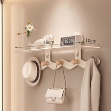 免打孔入戶門玄關置物架 高級網紅創意掛衣架 壁掛衣鈎上牆收納 免釘牆掛鉤 居家裝飾必備, 1個, 【奶白長度36CM】衚桃木色5掛鈎+置物