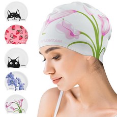 SYLEMTAM 여성용 긴 머리용 수영 모자 실리콘 방수 미끄럼 방지 짧은 중간 장모를 위한 귀여운 목욕 모자 (S 사이즈-수선화) 125272