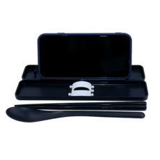 日本製 SKATER 手機架餐具組 筷子 湯匙 手機架 便當餐具組, 黑色, 湯匙+筷子+手機架, 1套