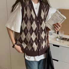 베스트 니트 여성 블루 아가일조끼 노르딕