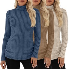 Xaatren 3팩 여성용 임산부 티셔츠 터틀넥 긴소매 스웨터 사이드 주름 장식 슬림 티 골지 베이직 탑 헤이즈 블루 카멜 살구 S 106224