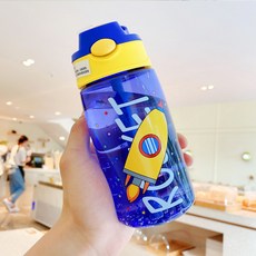 可愛卡通圖案兒童吸管水杯 學生隨手杯, 卡通藍,480ml, 1個