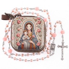 묵주 상자가 있는 여성용 비즈 핑크 어울리는 지퍼 빈티지 기도 파우치 성공회 첫 영성체를 위한 기독교 선물 가톨릭 선물 220241