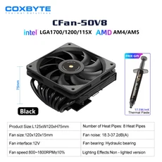 COXBYTE CPU 쿨러 8 히트 파이프 PC RGB 팬 프로세서 히트싱크 워터 쿨링 라디에이터 인텔 2011/1700/155X, 04 CFan50V8 B No ARGB