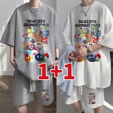 1+1 남자 오버핏 여름 반팔 라운드넥 프린트 트레이닝복 세트 반팔+반바지 데일리 빅사이즈 직장인 티 다양한 체형 데일리트레이닝세트