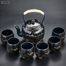 DFMEI 黑釉大容量茶具套裝簡約日式陶瓷提樑壺茶杯整套家用辦公送禮, 7入霽黑提樑茶具/山水, 參考詳情, 1個