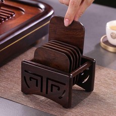 黑檀實木杯墊 茶道功夫茶具配件 簡約隔熱墊, 1個, 黑檀 小號方形鏤空杯墊6片底座