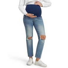 Peauty 임산부용 찢어진 청바지 서포트 스트레이트 레그 디스트레스드 무릎 슬릿 복부 위로 편안한 스트레치 임산부 바지 블루.