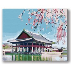 MANTO 台灣原創 大尺寸DIY數字油畫 50x65cm 釘好內框 櫻見首爾 韓國風景 月影花蹤系列 初學者專用, 櫻見景福宮, 1套