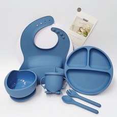 兒童硅膠餐盤套裝母嬰6件套硅膠叉勺圍兜學飲杯硅膠餐具批發廠家, 1個, 深藍色-6件套裝