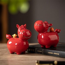 紅色牛擺飾一對 陶瓷工藝品 桌面裝飾品, 紅色一對+禮盒