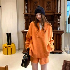 해피유통 여성 브이넥 스웨터세트 추동 디자인 니트탑+반바지 투피스 BJJ001