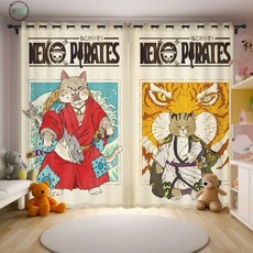 墟里居 浮世繪貓咪窗簾卡通日式全遮光隔斷裝飾免打孔女孩臥室飄窗布, 11（80499）,寬1.5米*高度2.7米打孔一片/可改短