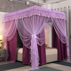 雙層純色床簾蚊帳支架防蚊新款公主風床幔家用全包圍遮光簾蚊帳, 桃色粉（桿+簾）不含蚊帳,寬100長200高195cm