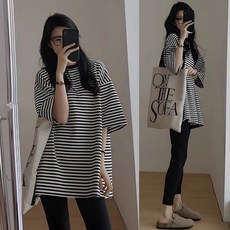 패션 임부복 상하의 세트 봄 여름 임산부 캐주얼 스트라이프 티셔츠 상의 + 루즈핏 와이드 바지 투피스 WMY