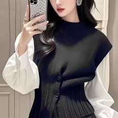 봄과 가을2025새로운 디자인 감각의 소규모 슬림핏 기품 있는 상의 검은색 배색 긴팔 니트 여성 의류