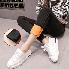 임산부 기모 스키니 겨울 데님 라이크 배색 팬츠 눈꽃 청바지 겉 레깅스