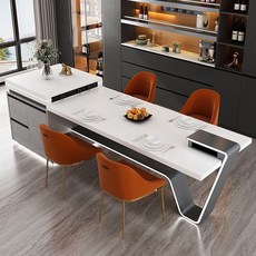 島臺餐桌一體龍擡頭高端定制異形腳嵌燈導臺桌家用巖闆中島臺伸縮餐檯長餐桌, 灰色腳1.8m餐桌+0.8m島台