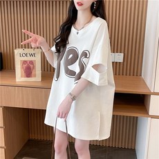 투니스 여성 패션 루즈핏 레터링 프린팅 백오픈 반소매 면 티셔츠