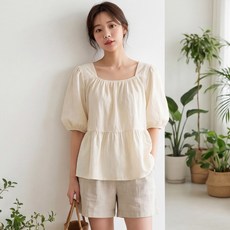 B180-1 무렌드 빅사이즈 여성 스퀘어넥 퍼프소매 백리본 셔링 블라우스 여름용 44-120