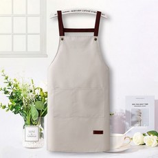 FLOWERPLUS 廚房圍裙 簡約耐用附口袋 烹飪好幫手 防油污易清洗, 米白背帶款, 1個