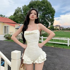簡約純色蝴蝶結木耳邊連體泳衣 海邊度假溫泉
