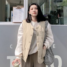 LULUS A03200134 C內鋪棉雙口袋背心外套 色1112, 淺卡其, 1個