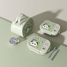 316不鏽鋼 保溫飯盒 兒童便當盒 分格餐盤 小學生便攜餐盒, 【316食品級不鏽鋼-綠色熊貓】,【保溫袋】*1, 1個