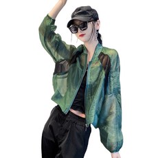 ROYALBELLE 여성 디자인 패션 배색 자외선 차단 자켓 쇼트핏 집업 시스루 점퍼 캐주얼룩 Y042401