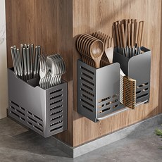 筷子納盒廚房壁掛式筷籠家用刀具勺子收納筒瀝水餐具收納置物架, 黑色-雙筷筒【無接水盤】,槍灰色-插刀盒【帶接水盤】, 1個