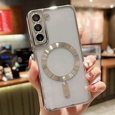갤럭시 S20 S21 S22 S23 S24 울트라 플러스 실리콘 커버 맥세이프 무선 충전 케이스 럭셔리 도금 클리어 마그네틱, S24 Plus, Silver