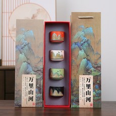 國潮故宮文創手繪茶杯酒杯禮盒，精緻陶瓷，送禮長輩老師伴手禮品，臺灣出貨, 萬里山河直口四杯禮盒裝, 1個