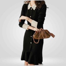 LETEO-협력업체 카라 소매 레이스 니트원피스 블랙 밑단프릴 예쁜미니원피스 결혼식원피스 모임원피스 슬림핏