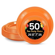LANLISA 파티용 빨간색 플라스틱 접시 50개 63.5-22.9cm(25-9인치) 및 63.5-17.8cm(25-7인치) 일회용 케이크 디저트 접시 생일 발렌타인데이, Orange