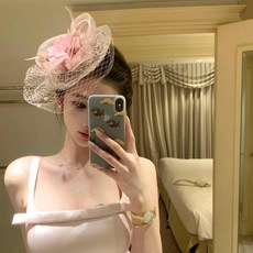 good 名媛粉色網紗小禮帽民國風千金宴會新娘婚紗頭飾優雅羽毛面紗, 粉色網紗, 1個