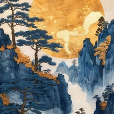 풍경화 블루 마운틴 나무 숲 소나무 사원 금빛 태양 포스터 캔버스 그림 인쇄, 8. 14