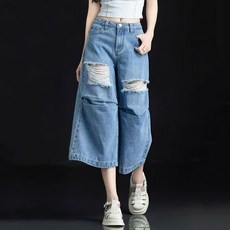 Makone 여성 7부 청바지 하이웨스트 찢청 빈티지 와이드 슬랙스 심플 데님팬츠 데일리룩