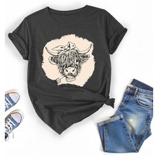 귀여운 소 동물 프린트 티셔츠 빈티지 웨스턴 반팔 (미국 알파 라지 레귤러 레귤러 컬러 A), 색상 C