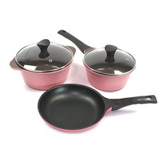 Kitchen-Art 韓國產附蓋陶瓷不沾壓紋鍋具組, 粉色, 單柄鍋 18cm+雙耳鍋 20cm+平底鍋 20cm, 1組